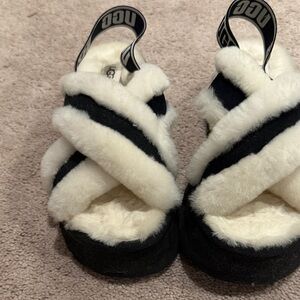 UGG Black and Cream Fuzzy Sandals